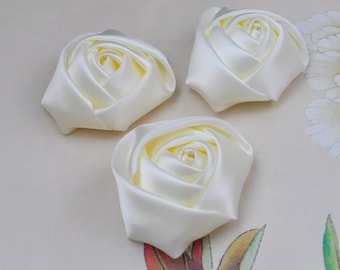 15pcs Wholesale Satin Rose Flower,Cream Large Satin Rolled Rosettes Embellishments,Hairbow Supplies,Hair Accessories 45x20mm