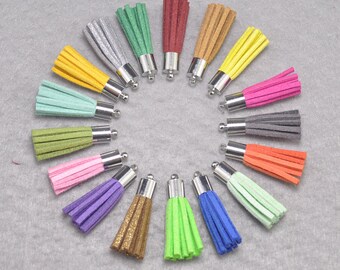 Tassels,50pcs of Mixed Colors Suede Leather Tassels,Fringe Tassels Fiber Tassels With White K Metal Cap Charm Pendants 35x7mm