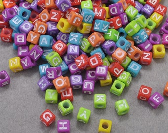 200pcs Alphabet Beads,7mm Multicolor Cube Beads,White Color Letters-Acrylic Beads-Plastic Beads With 4mm Diameter Hole