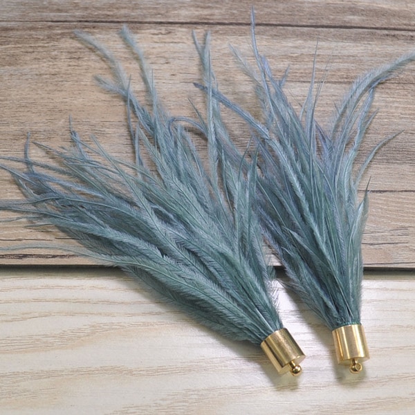 Turquoise Blue Ostrich Feather Tassels With Metal Gold Cap,Colorful Fluffy Dangle Feather,Light Weight Earrings,Boho Jewellery Earrings-2pcs