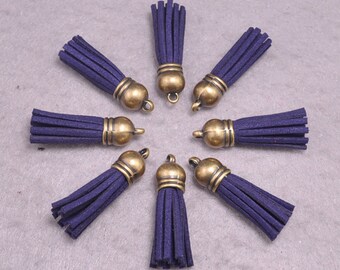 Tassels,25pcs Navy BLue Suede Leather Tassels,Fringe Tassels ,Faux Leather Tassel With Antique Bronze Cap Charm Pendants--38x10mm
