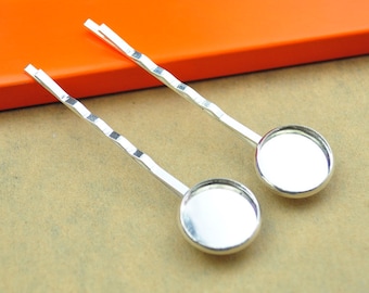 10pcs Bobby Pins ,55mm Silver plated Hair clips With Round Cameo Base Setting