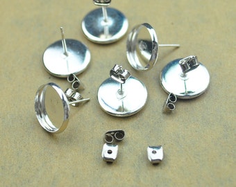 Silver Plated brass earring posts,100pcs(50pairs) earring studs with 12mm round pad,round cabochon base setting