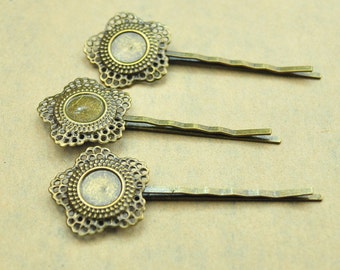 Metal hair clips, 20pcs Antique Bronze  bobby pins Round filigree flower pad 56 mm