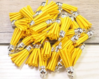 Small Suede Tassels 1.5'',Golden Yellow Faux Leather Tassels,Silver Cap,Fringe Tassel,Keychain Tassels,Tassels For Handbags / Shoes-20pc-#45