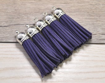 20pcs Medium Tassels Craft 2'',Navy Suede Leather Tassels 52mm,Fringe Tassels Fiber Tassels,Silver Plastic Cap,Keychain Tassels Jewelry