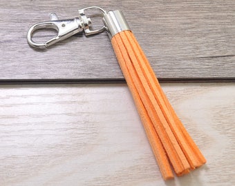 2pcs Long tassels 3.14'',Light Orange Tassels With Silver Key Clasp,Tassel Keychain,Silver Copper Cap,Leather Tassel Charm,Tassel Bag Charm