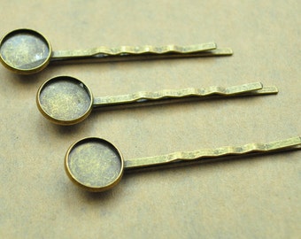 10pcs Bobby Pins ,55mm  Antique Bronze Hair clips With Round Cameo Base Setting