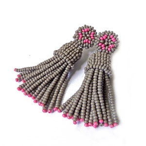 Gray & Pink Beaded Tassel Earrings: Handmade Seed Bead Studs