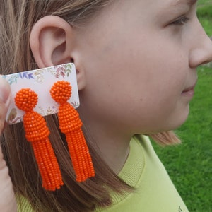 Orange Beaded Tassel Earrings: Handmade Statement Earstuds