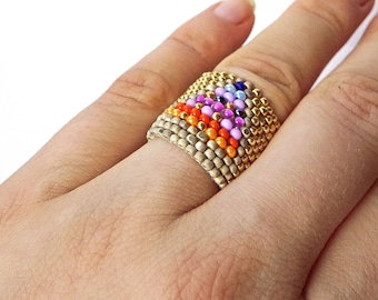 Aztec Gold Seed Beaded Ring, Flexible Peyote Stitch Ring