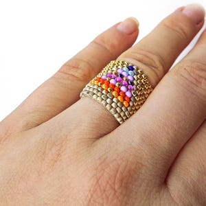 Aztec Gold Beaded Ring, Multicolor Seed Beaded Ring. Beaded Peyote Ring, Handmade Ring, Minimalist Ring, Bead Band Ring, Flexible Ring