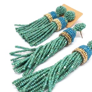 Aqua Green Seed Bead Tassel Earrings: Oscar de la Renta Style