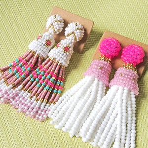 Multicolored beaded tassel earrings in Oscar de la Renta style. Lightweight fashion white, pink, gold and turquoise stud earrings