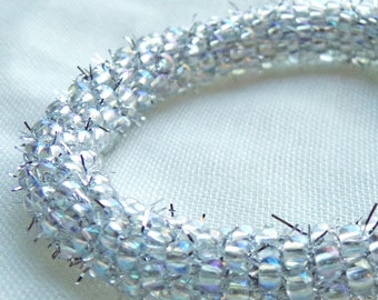 Silver TRANSPARENT beaded crochet bracelet in Handmade/AB seed beads Sky blue No clasp bangle bracelet/ Slip on Kids, big, all size bangle