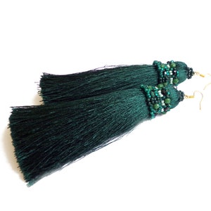 Emerald Green Tassel Earrings: Long Silk Thread Beaded Jewelry