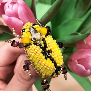 Yellow Beaded Christmas Beetle Brooch: Czech Glass Insect Jewelry
