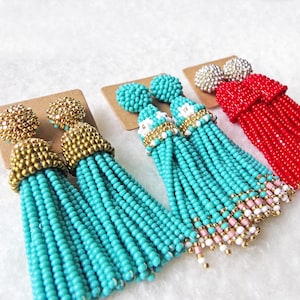 Multicolored 2.76&quot; long beaded tassel earrings in Oscar de la Renta style. Lightweight fashion gold, turquoise, silver, red stud earrings
