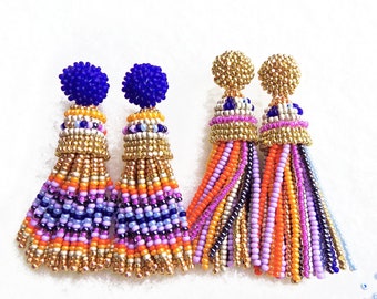 Oscar de la Renta Style Beaded Tassel Earrings: Aztec Clip On or Stud