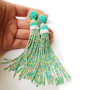 Mint green, White, Silver long beaded stud tassel earrings in Oscar de la Renta style. Multicolored earrings with Charlotte Seed Beads