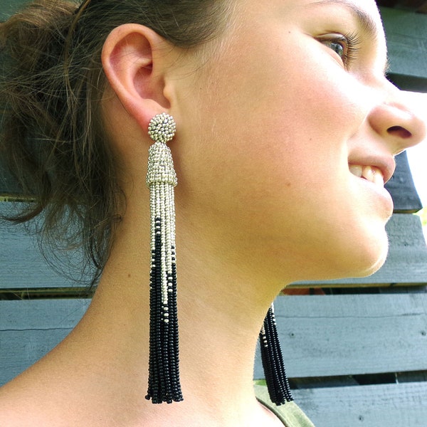 Boucles d'oreilles noires et argentées à pampilles de style Oscar de la Renta, boucles d'oreilles longues à pampilles en perles de rocaille Charlotte, boucles d'oreilles bohèmes