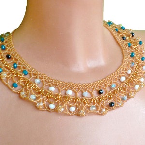 Honey Netted Collar/ Beaded Necklace / Neo Victorian Queen/ Gift for her Swarovski/ Beadwork / blue white black image 1