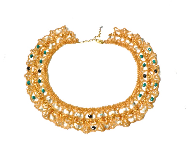 Honey Netted Collar/ Beaded Necklace / Neo Victorian Queen/ Gift for her Swarovski/ Beadwork / blue white black image 3