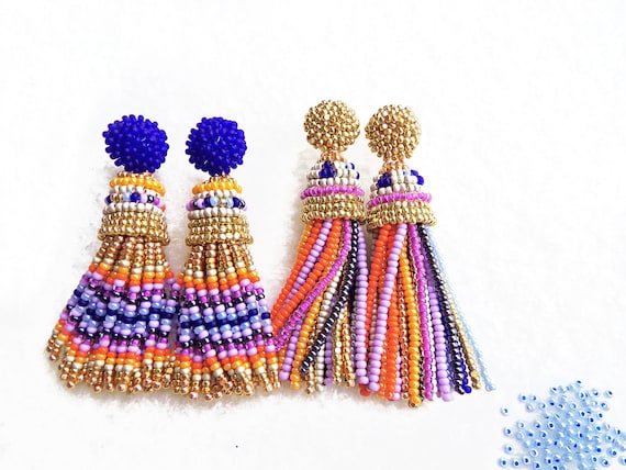 Oscar de la Renta Style Beaded Tassel Earrings: Aztec Clip On or Stud