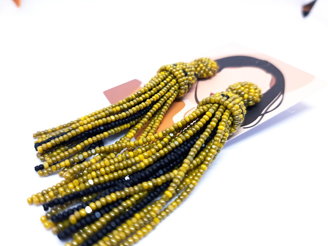 Mustard Beaded Tassel Statement Earrings Pretty Mustard Earrings - Beaded Earrings - Tassel Earrings  main image 4
