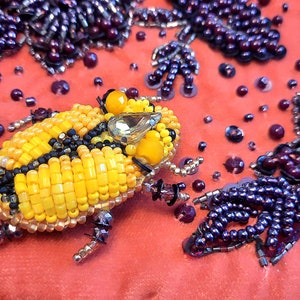 Yellow Beaded Christmas Beetle Brooch: Czech Glass Insect Jewelry