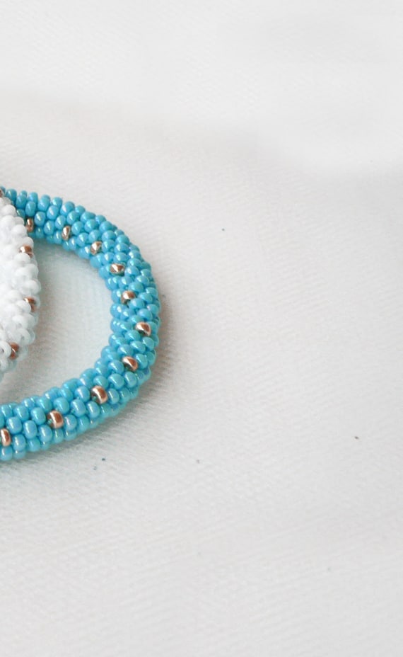 White, Baby Light Blue, Gold Seed Beads Bracelet. Beaded