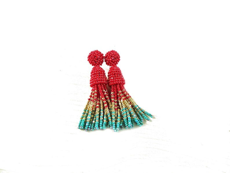 Red Aqua Green Opaque Beaded Stud Earrings turquoise ombre tassel earrings in Oscar de la Renta style Multicolored earrings gold