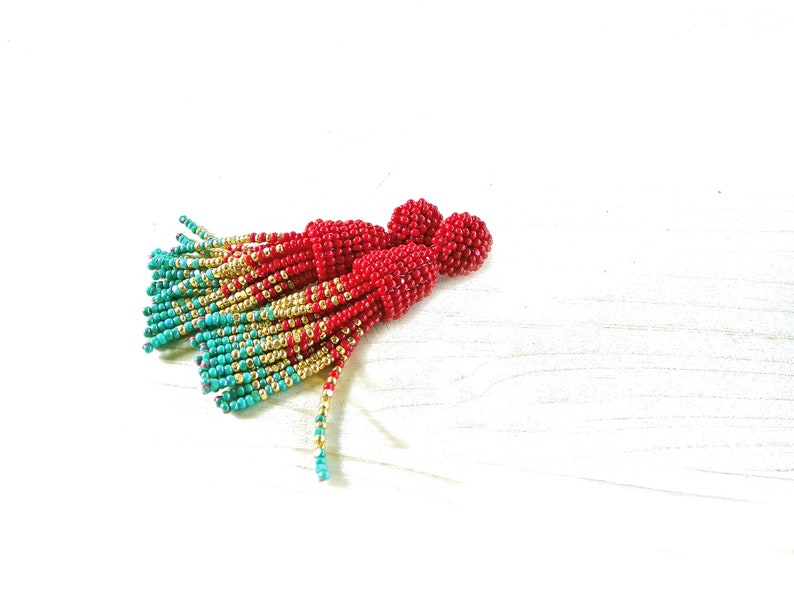 Red Aqua Green Opaque Beaded Stud Earrings turquoise ombre tassel earrings in Oscar de la Renta style Multicolored earrings gold