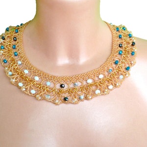 Honey Netted Collar/ Beaded Necklace / Neo Victorian Queen/ Gift for her Swarovski/ Beadwork / blue white black image 5