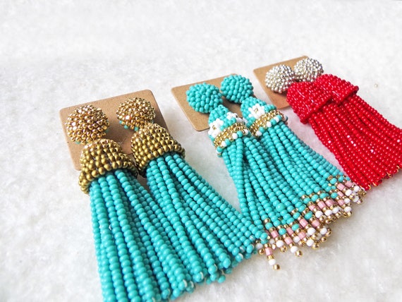 Beaded Tassel Earrings, Oscar de la Renta Style, Colorful Seed Beads