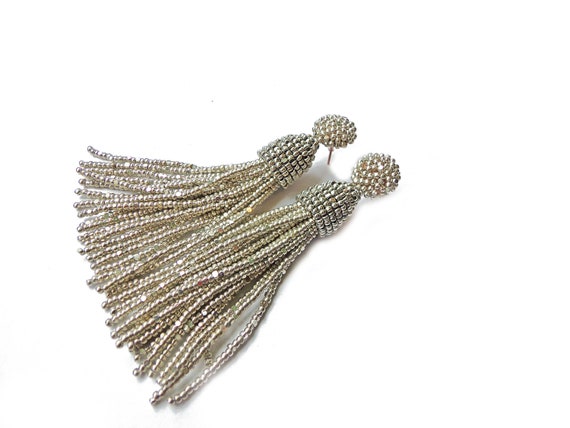Silver beaded deals tassel earrings