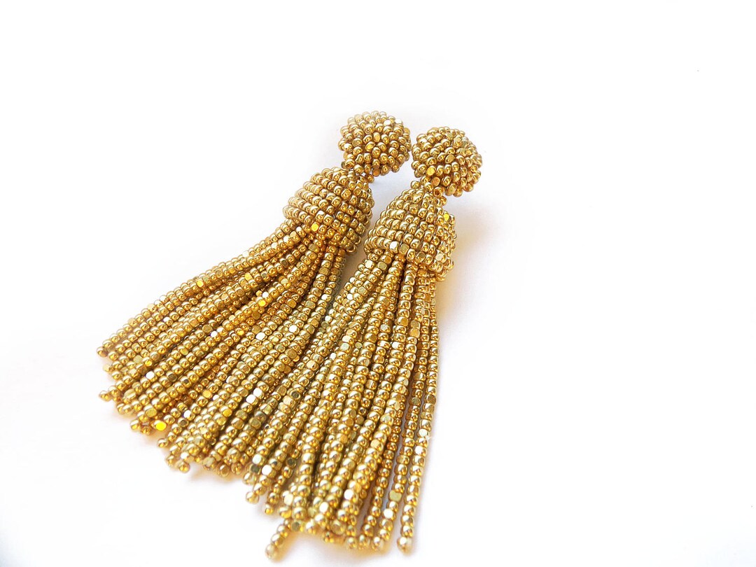 Metallic Gold Beaded Stud Tassel Earrings. Statement Gold Earrings in