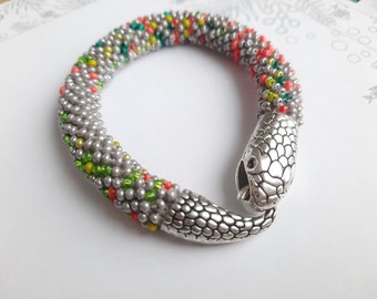 Gray snake beaded crochet bracelet.  Red, green Snake bead bracelet. Snake handmade jewelry