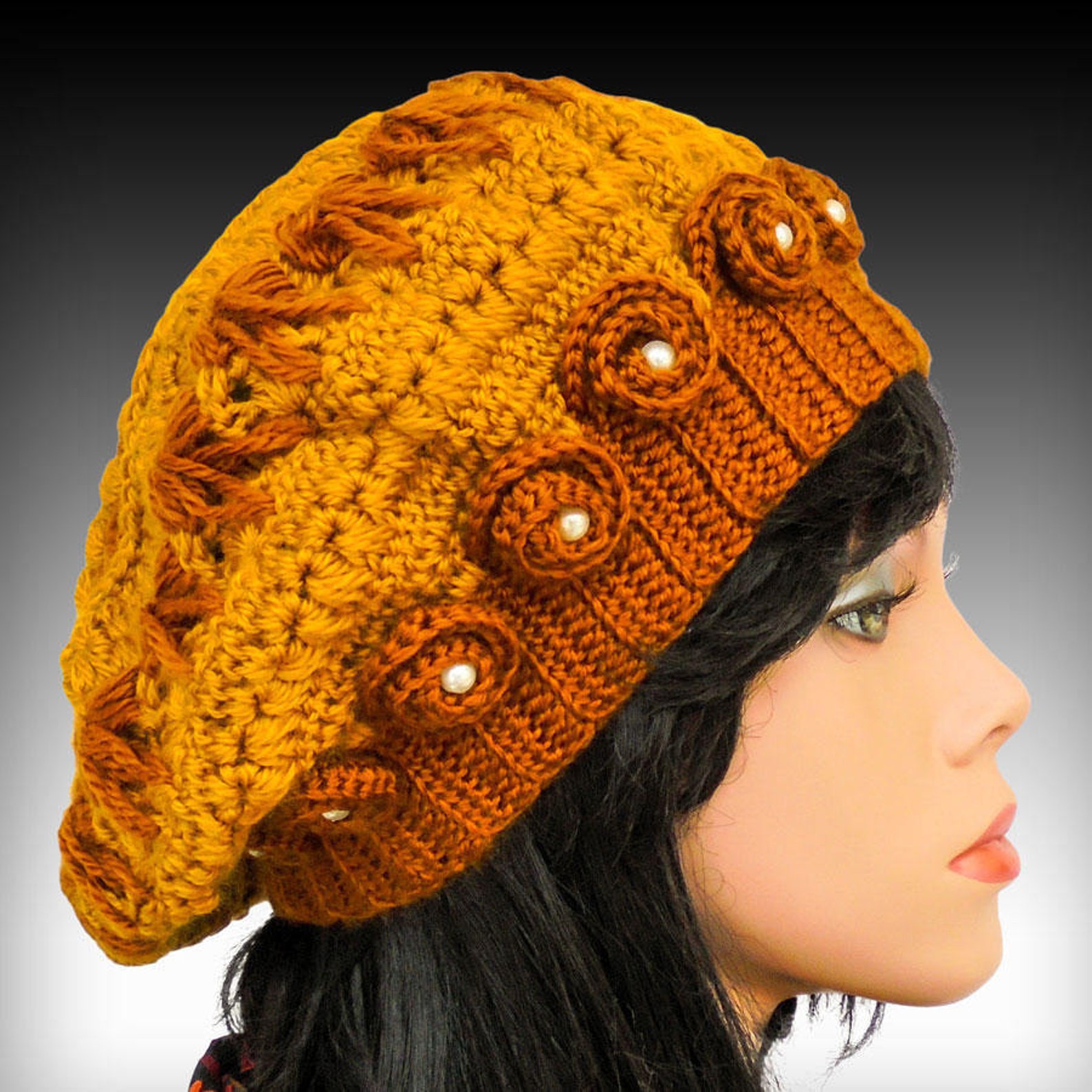 Slouch Beanie Hat Pattern, Crochet Beret, Women Winter Hat With Flowers