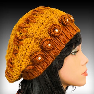 Slouch beanie hat pattern, Crochet beret, Women winter hat with flowers