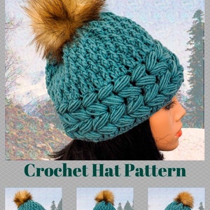 May include: Teal crochet hat with a brown faux fur pom pom. The hat has a textured stitch pattern and is shown on a mannequin. Crochet Hat Pattern.