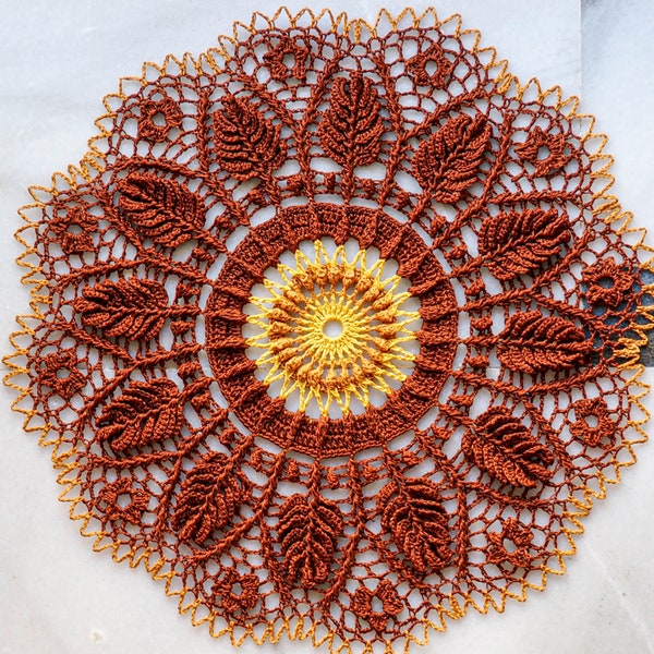 Crochet patterns doilies with 3D leaves, PDF tutorial, Pattern crochet doily