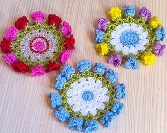 Flower coaster crochet pattern, easy DIY coaster tutorial, crochet coasters pdf, pot crochet pattern, coffee and tea coasters, home decor