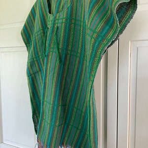 Central American Woven Shirt with Fringe Green w Blue Red Yellow Pink  23 1/2" long plus 3" fringe vintage size 42