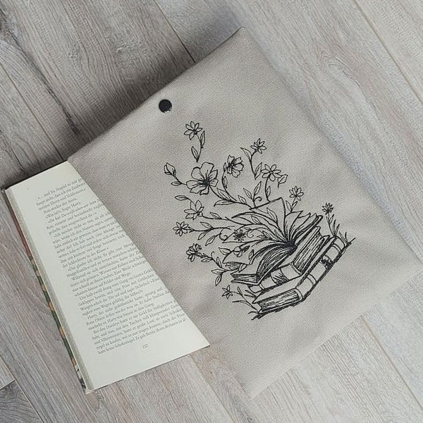 Buchtasche mit Verschluss Bücher mit Blumen - auf beigen Baumwollstoff gestickt - Stickerei - Blüten - Book Sleeve