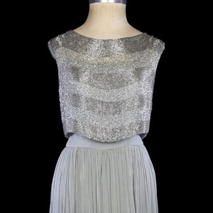 Sally Milgrim dress, beaded chiffon gown, sleeveless gray silk evening dress, heavily beaded designer couture red carpet, silver beads