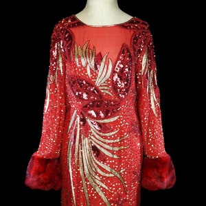 Bob Mackie vintage red beaded gown fur sleeve cuffs heavily beaded couture dress evening formal red carpet 1980s 80s long sleeves