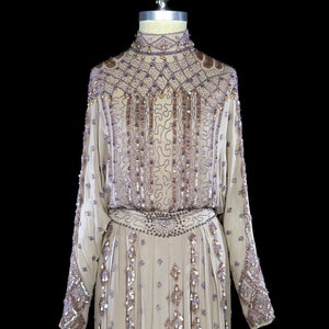 Beaded maxi dress, 1970s Edwardian Downton Abbey style jeweled silk chiffon, wedding bridal, long sleeves, beige taupe tan pearl sequin