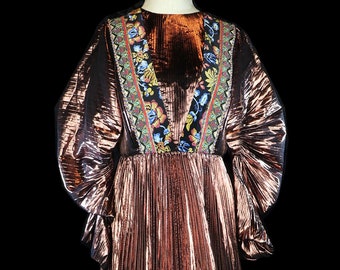 Etro embroidered maxi dress, metallic gold red carpet gown, avant garde boho bohemian origami accordian pleated, long sleeve