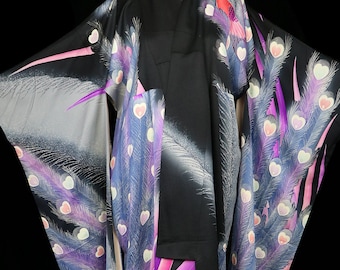 Silk peacock furisode kimono, robe or coat or dressing gown, feathers bird of paradise, long dramatic, antique vintage tomesode black purple